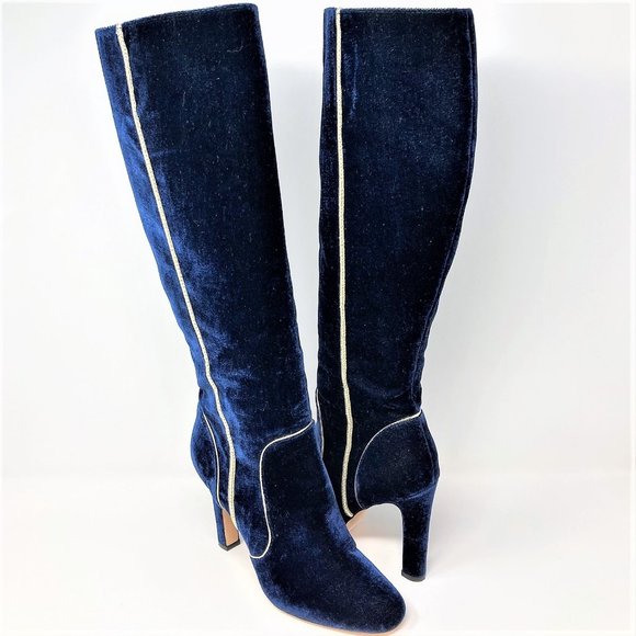 Boden Shoes - NEW (NWOT) Boden Icons Blue Velvet Round Toe Knee High Heel Boots - Size 8.5